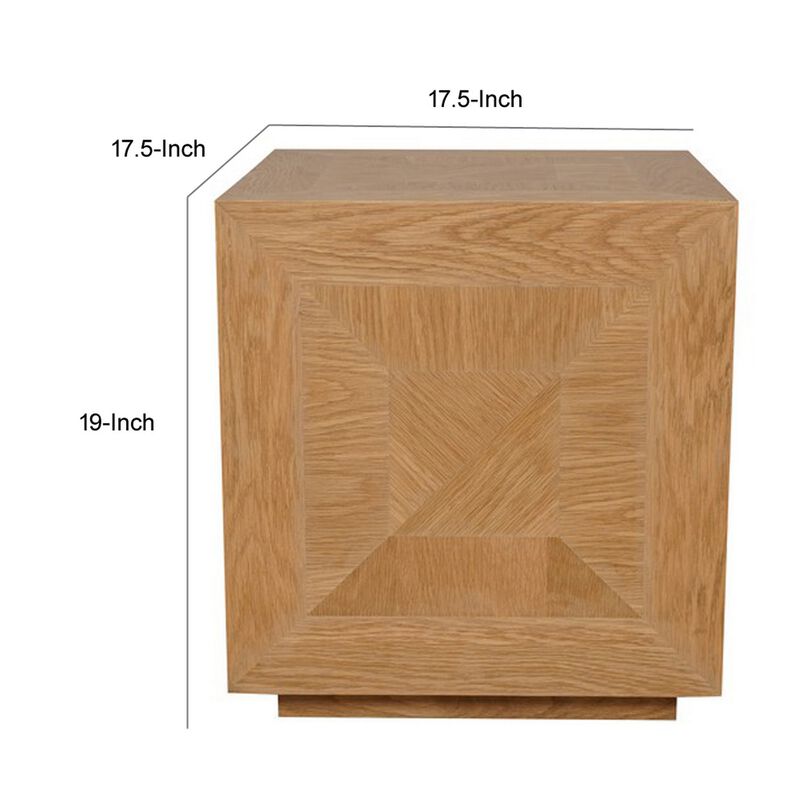 19 Inch Side End Table, Square Geometric Design, Brown Oak Wood Veneer - Benzara