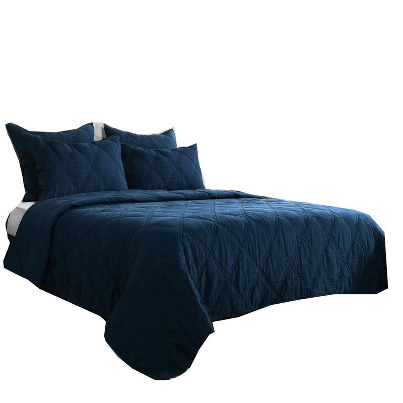 Hara Hand Quilted Flax Linen Quilt Polyester Fill, Midnight Blue-Benzara