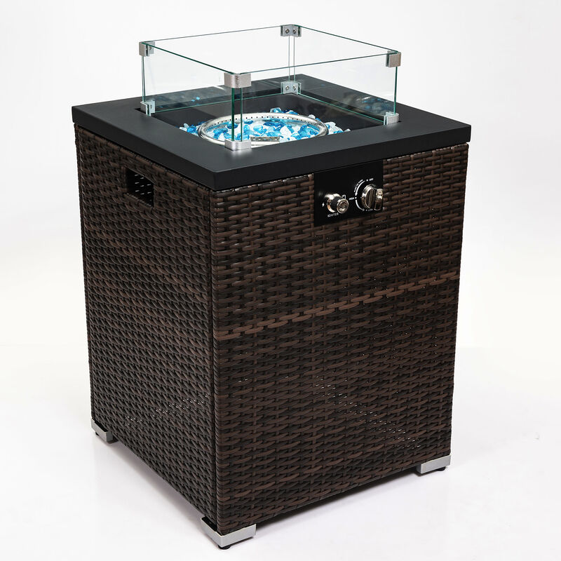 Wicker Fire Pit Column with Glass Wind Guard