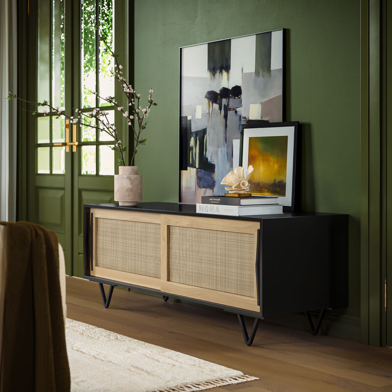 Handcrafted 60-Inch TV Media Console with Rattan Sliding Doors - Natural Brown And Matte Black Finish - Benzara