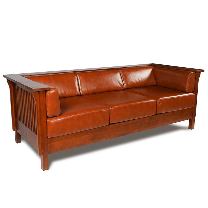 Crafters and Weavers Mission / Craftsman Cubic Slat Side Sofa - Russet Brown Leather