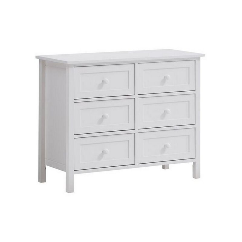 Mio 39 Inch 6 Drawer Dresser, Solid Wood, Molded Trim, Glossy White-Benzara