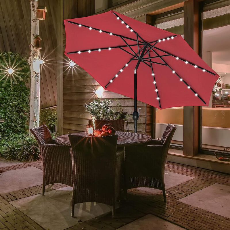 9' Solar Umbrella 32 LED Lighted Patio Umbrella Table Market Umbrella with Push Button Tilt/Crank Outdoor Umbrella for Garden, Deck, Backyard and Pool, Dark Blue