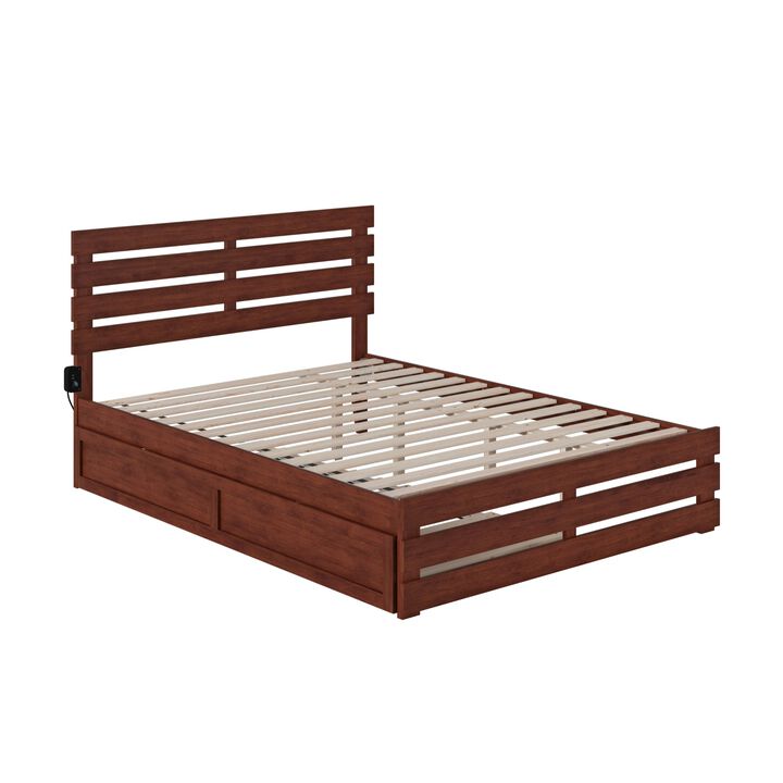 Oxford Queen Bed with Footboard and USB Turbo Charger with Twin Extra Long Trundle in Walnut