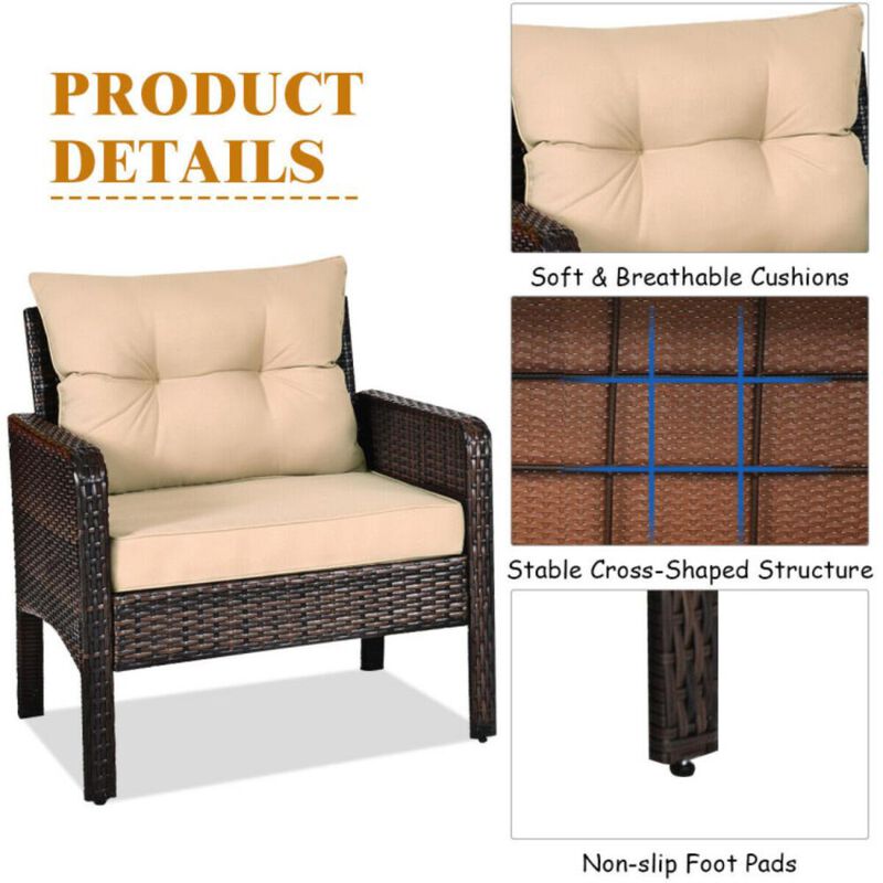 Hivvago 3 Pieces Outdoor Patio Rattan Conversation Set with Seat Cushions