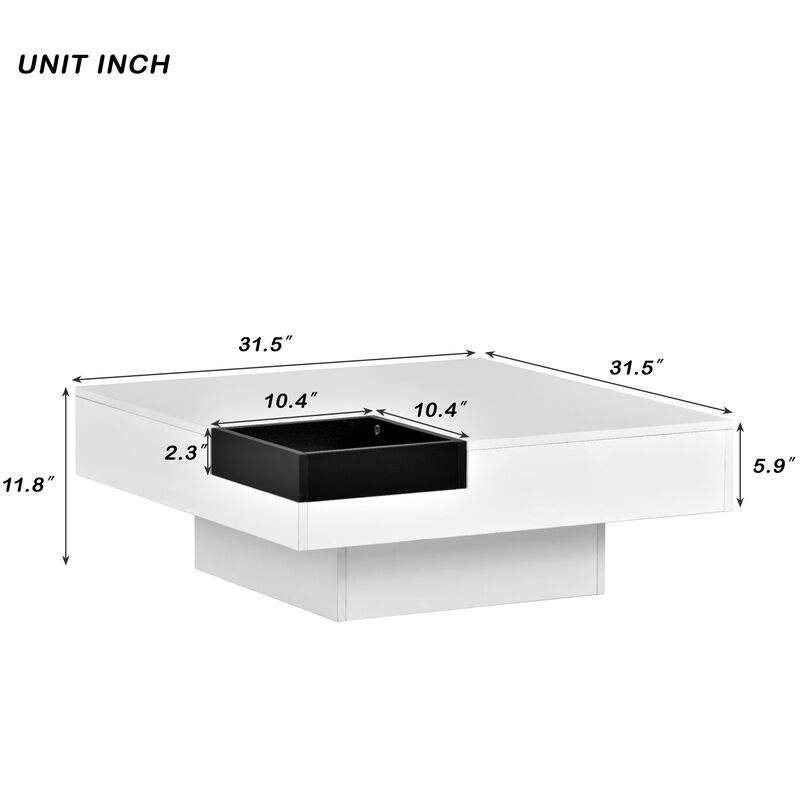 Merax Square Coffee Table with Detachable Tray and Plug-in 16-color LED Strip Lights Remote Control for Living Room