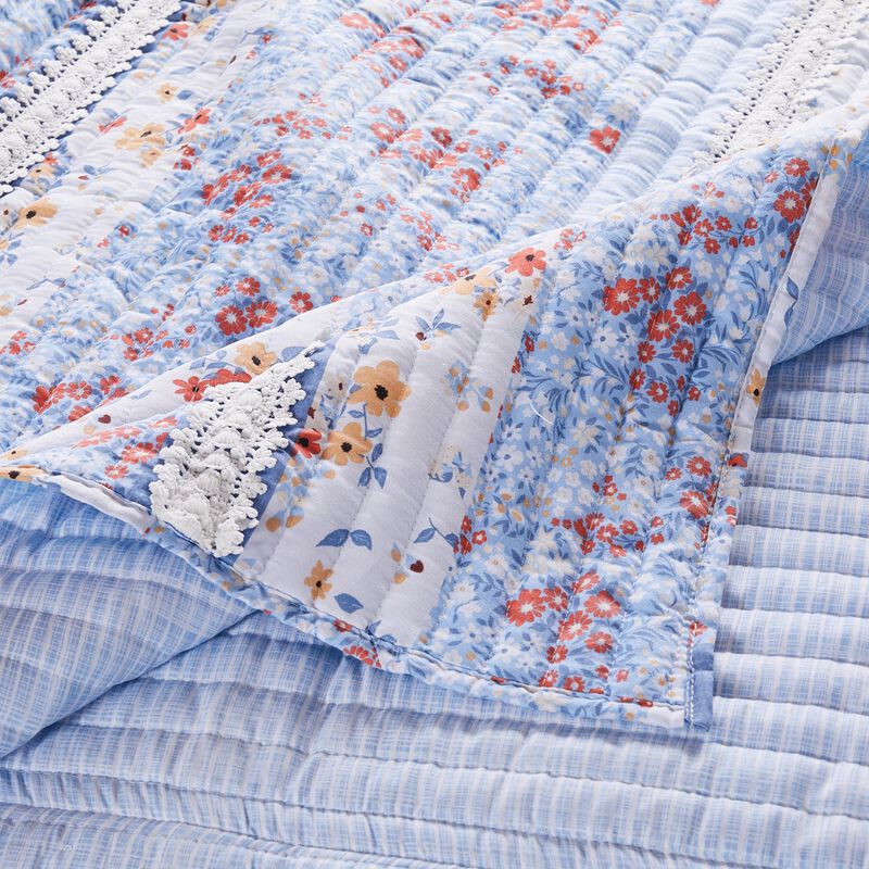 Joa Microfiber Quilt Set, Floral Print, Lace Trim, Multicolor-Benzara