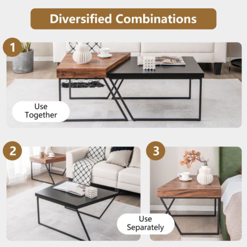 Coffee Table Set of 2 with Powder Coated Metal Legs-Black