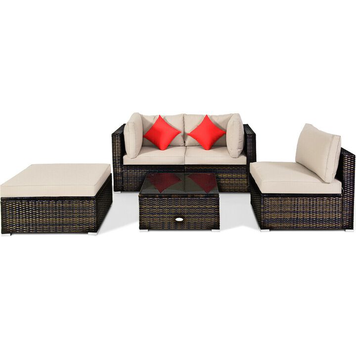 5 Pcs Outdoor Patio Rattan Furniture Set Sectional Conversation with Navy Cushions