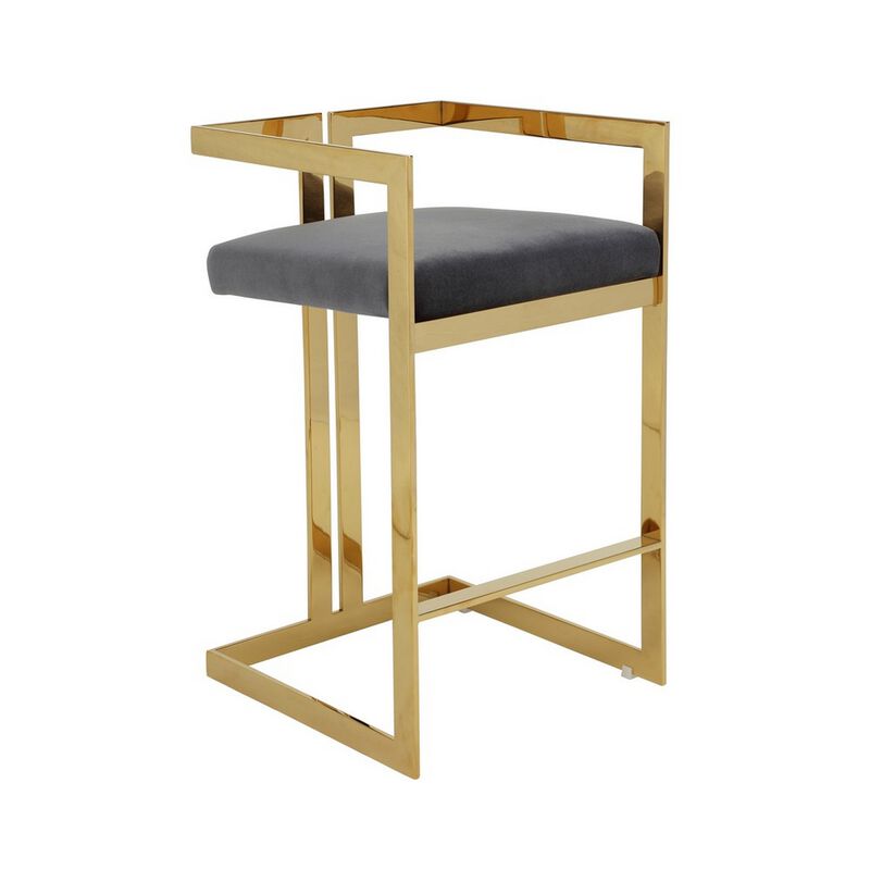 Zie 30 Inch Barstool Chair, Gray Velvet Padded Seat, Gold Steel Finish - Benzara