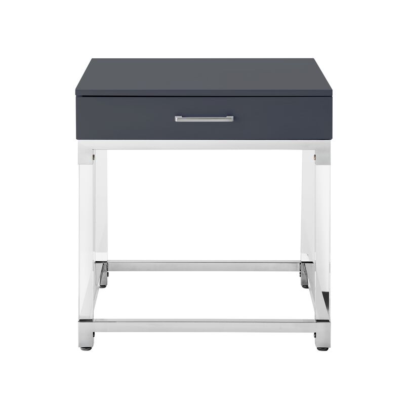 Inspired Home Kalel High Gloss 1 Drawer End Table with Acrylic Legs Stainless Steel Base