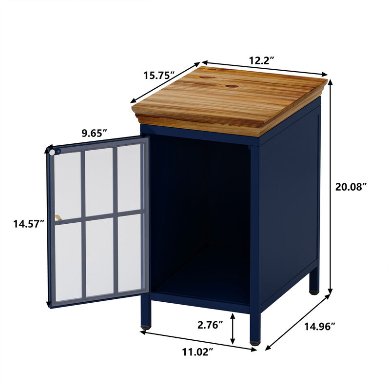 Nightstand with Storage Cabinet Solid Wood Tabletop, Bedside Table, Sofa Side Coffee Table for Bedroom, Living Room, Dark Blue