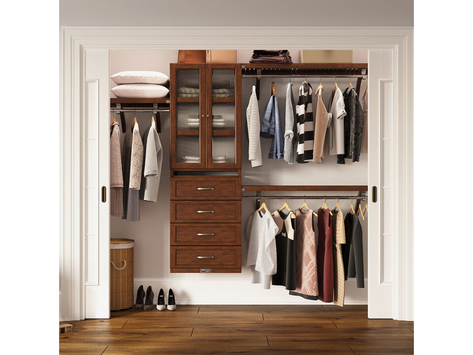 Solid Wood Reach-In Closet Organizer with 4 Shaker Style Drawers and Glass Doors