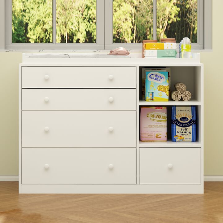5-Drawers White Wood Chest of Drawers Dresser Vanity Table Storage Cabinet with Shelf 36.1 in. H x 47.2 W x 19.7 D