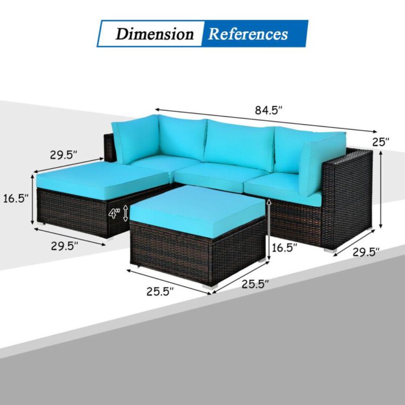 Hivvago 5 Pieces Patio Sectional Rattan Furniture Set with Ottoman Table