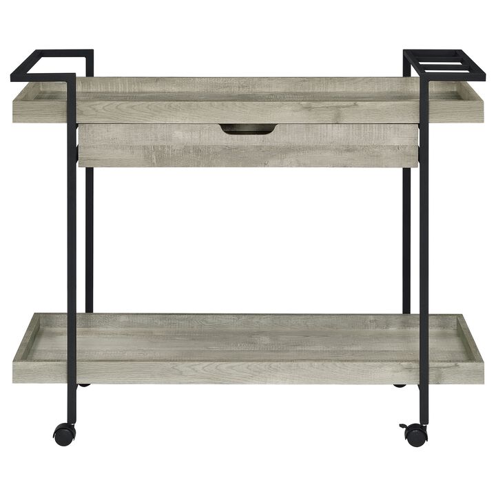 Tra 40 Inch Rolling Bar Cart, 2 Tier with Drawer, Gray Wood, Black Metal - Benzara