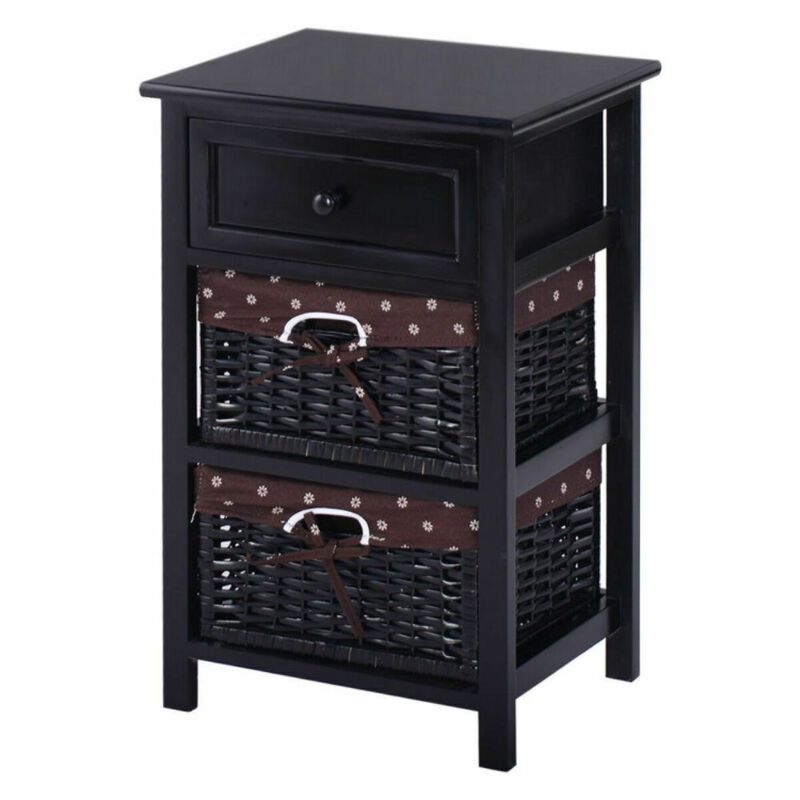 Hivago 3 Tier Set of 2 Wood Nightstand with 1 and 2 Drawer -Black