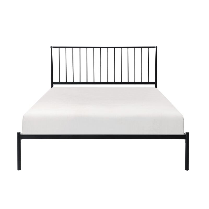 Angie Queen Bed, Platform Foundation, Slatted Headboard, Black Metal Frame - Benzara