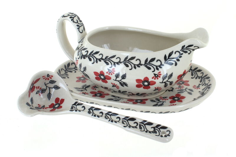 Blue Rose Polish Pottery Sage Floral Gravy Boat & Ladle