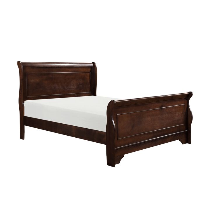 Transitional Queen Sleigh Style Bed, Dark Wood Frame, Cherry Brown Finish-Benzara