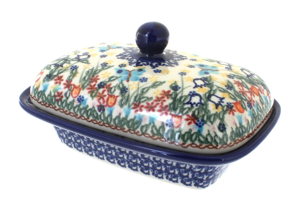 Blue Rose Polish Pottery Garden Butterfly Butter Tub