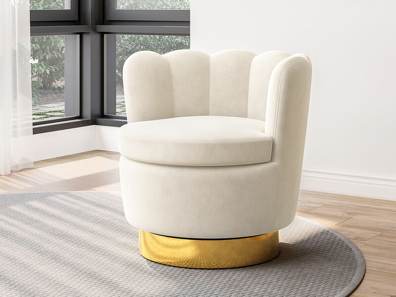 BELLEZE Swivel Accent Chair, Velvet Modern Round Petal Swivel Barrel Chair, 360� Upholstery Swivel Sofa Armchair, Comfy Swivel Accent Chair for Living Room Bedroom - Lotus (White)