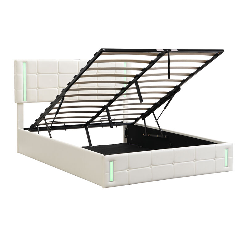 Storage Bed Frame Upholstered Platform Bed with LED Lights