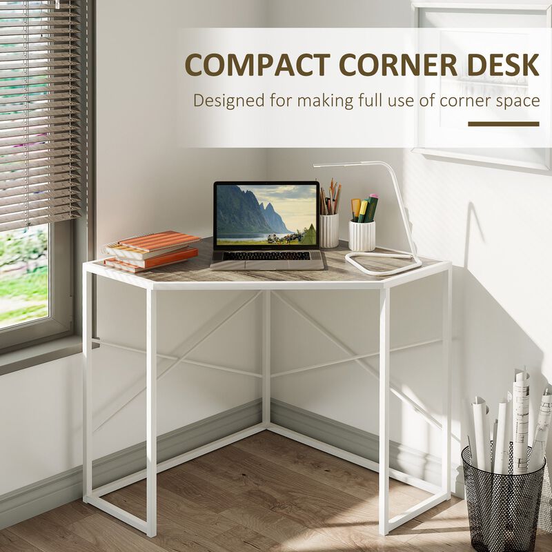 White Corner Computer Desk with Steel Frame for Small Spaces, Writing Desk for Workstation