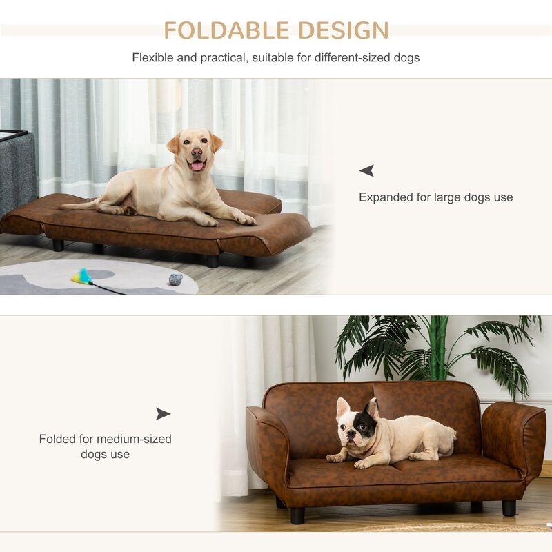 Brown Pet Lounger: 39" Foldable PU Leather Dog Sofa Bed