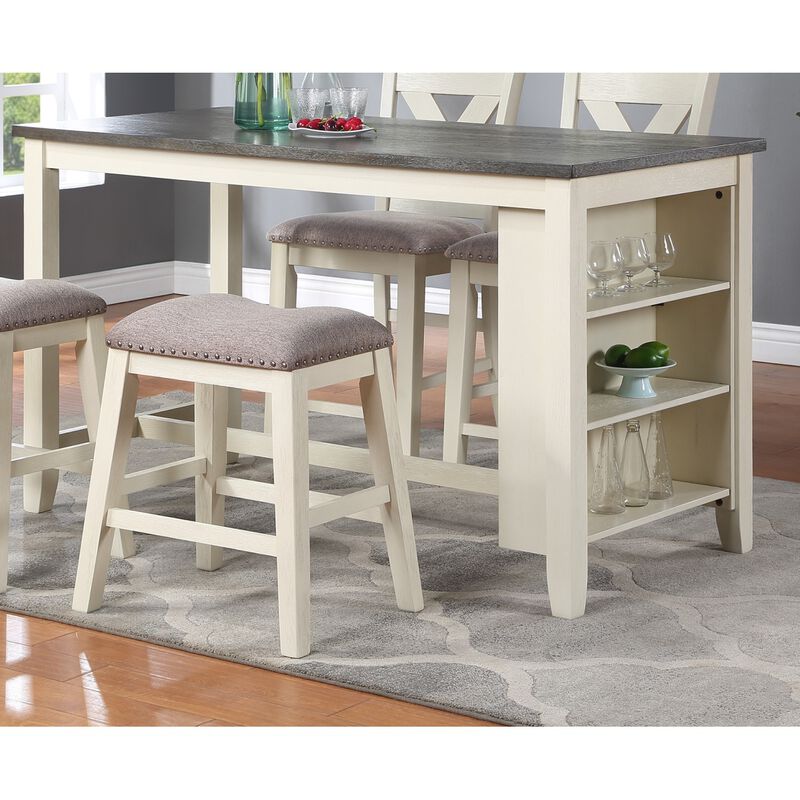 Modern Contemporary 5pc Counter Height High Dining Table w Storage Shelves High Chairs And Stools Wooden Kitchen Breakfast Table Dining Room Furniture