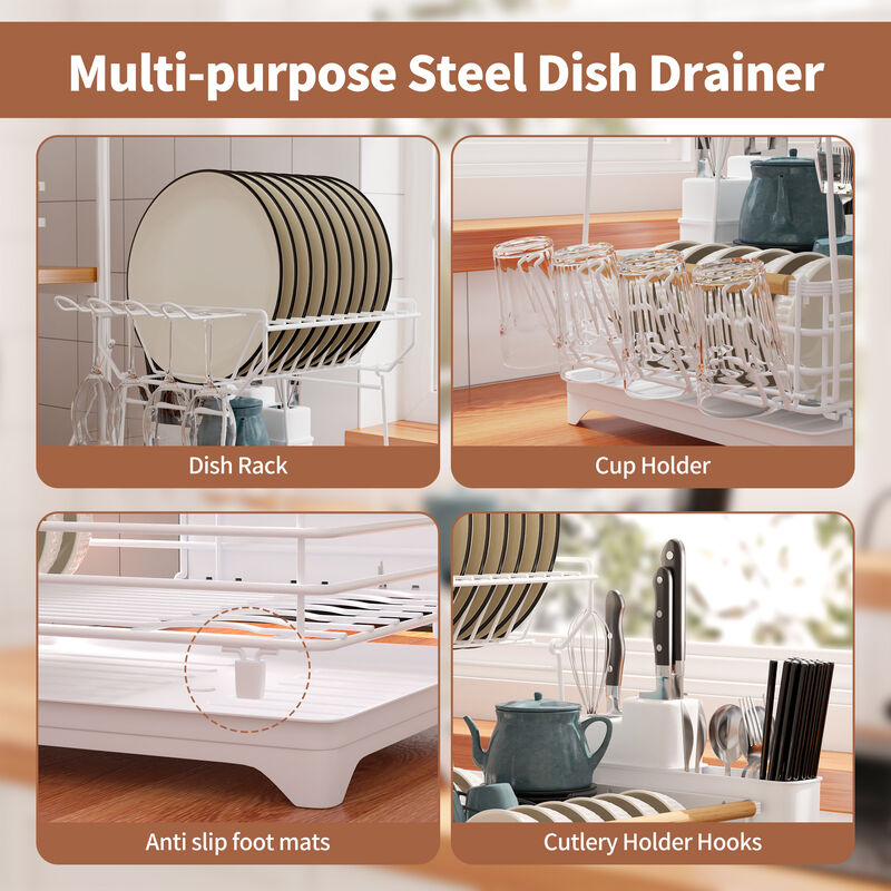 Adjustable Dish Rack With Bamboo Handle White