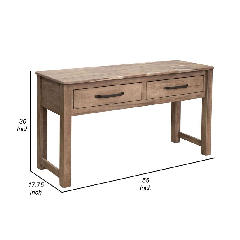 Umey 55 Inch Sofa Console Table, 2 Drawers with Metal Handles, Brown Wood - Benzara