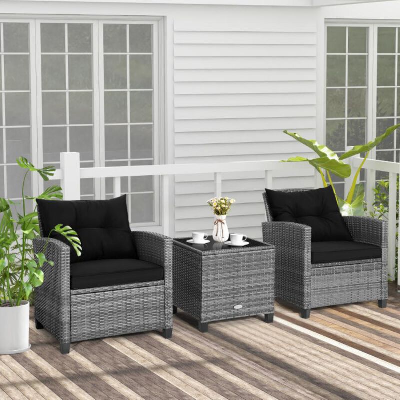 Hivvago 3 Pieces Outdoor Wicker Conversation Set with Tempered Glass Tabletop