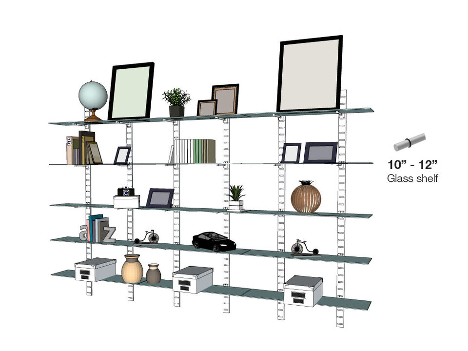 Stylish Home Office System 91" High 5 Tier with Glass Shelves 10"-12" Width | 5 Sections- Shelves Sold Separately