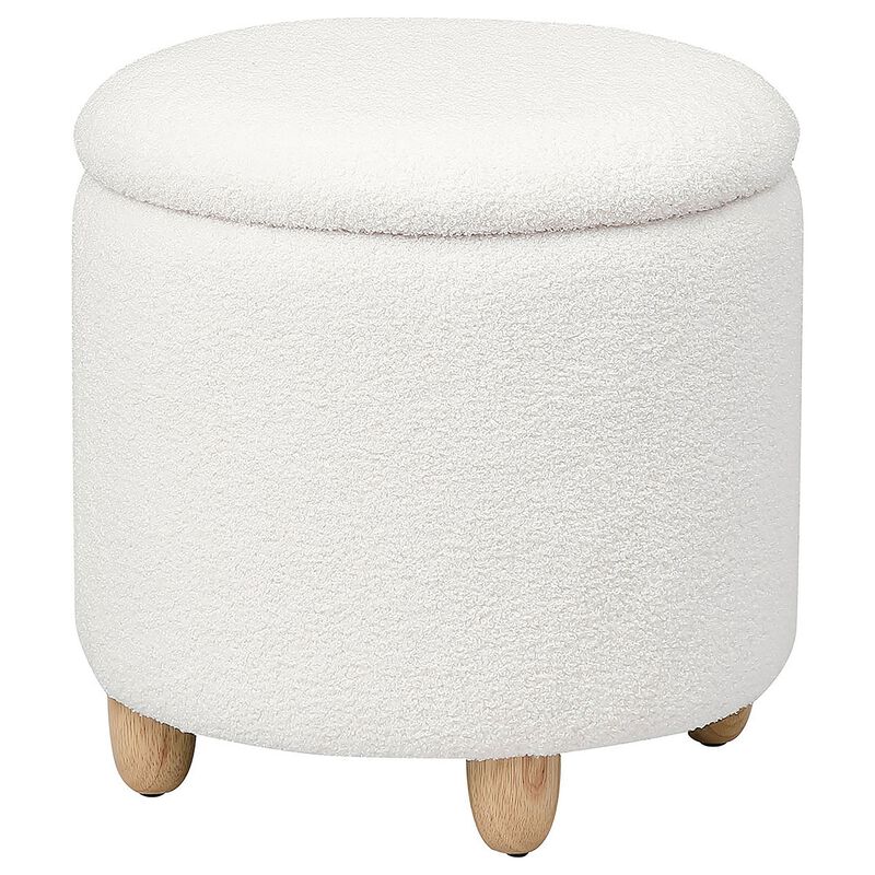 Aia 18 Inch Storage Ottoman, White Faux Sheepskin, Round Rubberwood Feet - Benzara