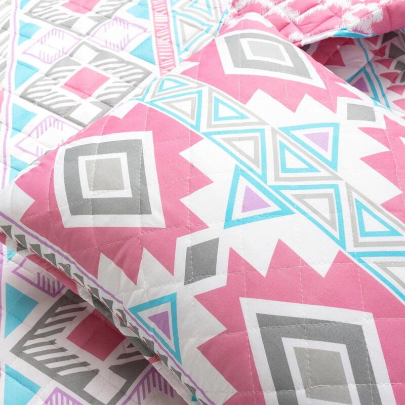 Southwest Style Polyester Pink Blue Striped Reversible Quilt Set