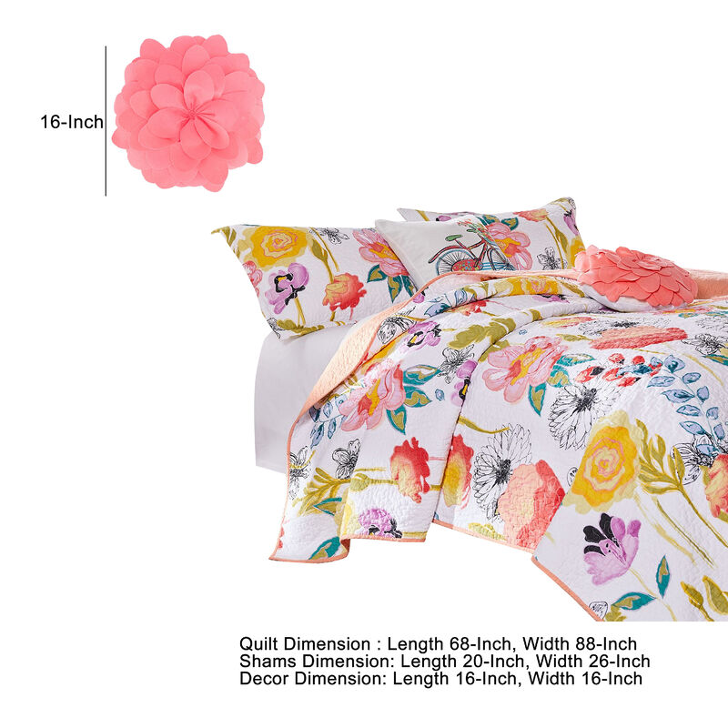 Mavi 4 Piece Reversible Twin Quilt Set, Spring Floral Print, Multicolor - Benzara
