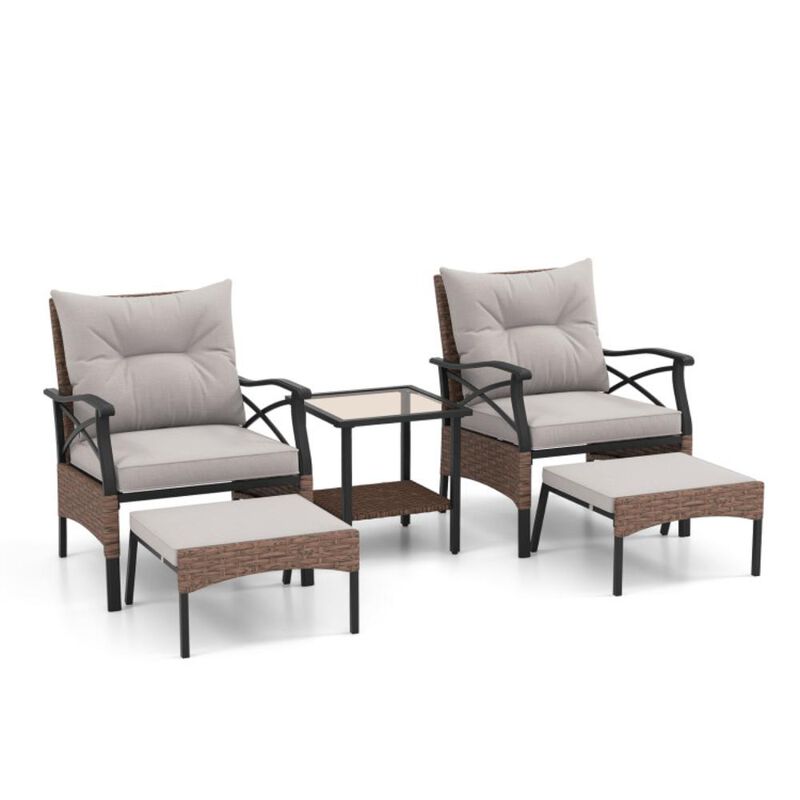 Hivvago 5 Pieces Wicker Patio Furniture Set Ottomans and Cushions and 2-Tier Tempered Glass Side Table