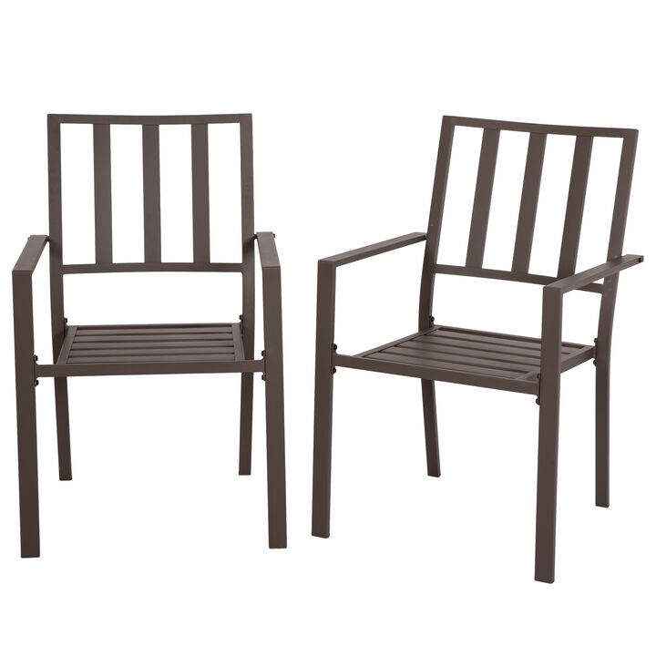 Outsunny Set of 2 Patio Dining Chairs, Stackable Outdoor Garden Bistro Chairs with Metal Slatted Seat & Backrest, for Yard, Garden, Dark Brown