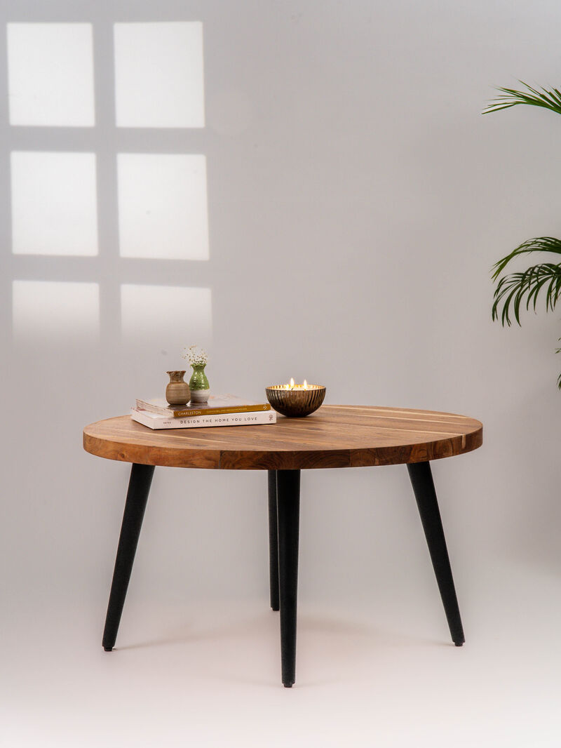 Handmade Eco-Friendly Vintage Acacia Wood & Iron Walnut Black Round Table 32"x32"x18" From BBH Homes