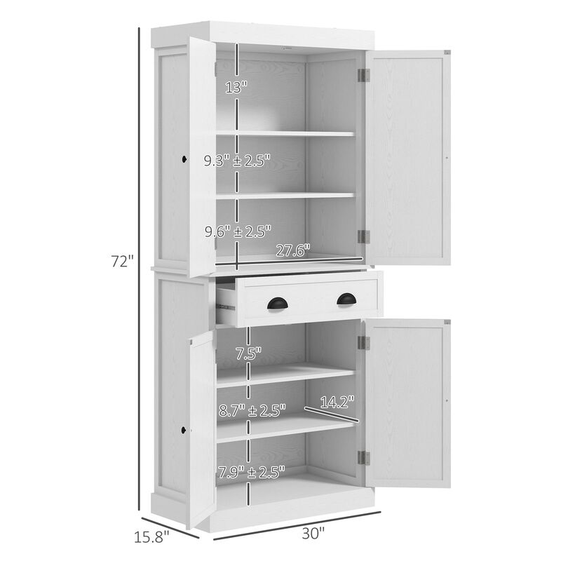 72" White Freestanding Kitchen Pantry: Spacious Storage, Shelves