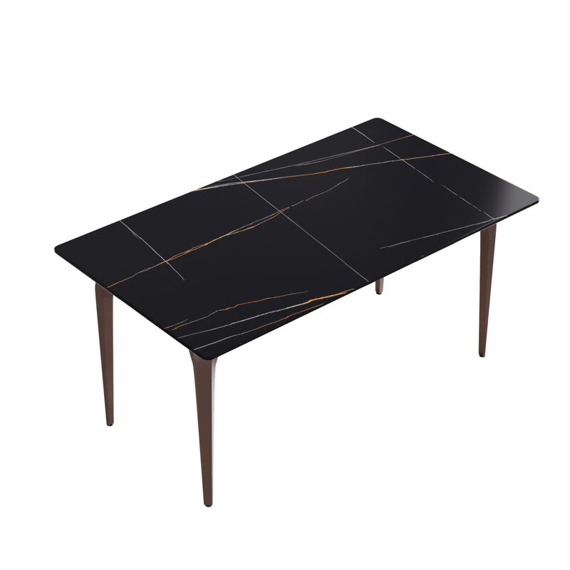 63" Modern artificial stone black straight edge metal leg dining table -6 people