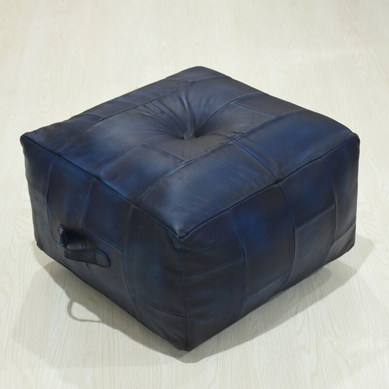 Geometric Handmade Leather Square Pouf 21"x21"x12" (Recycled Foam with Fibre Fill) Vintage Blue Color MABBBACPF25 BBH Homes