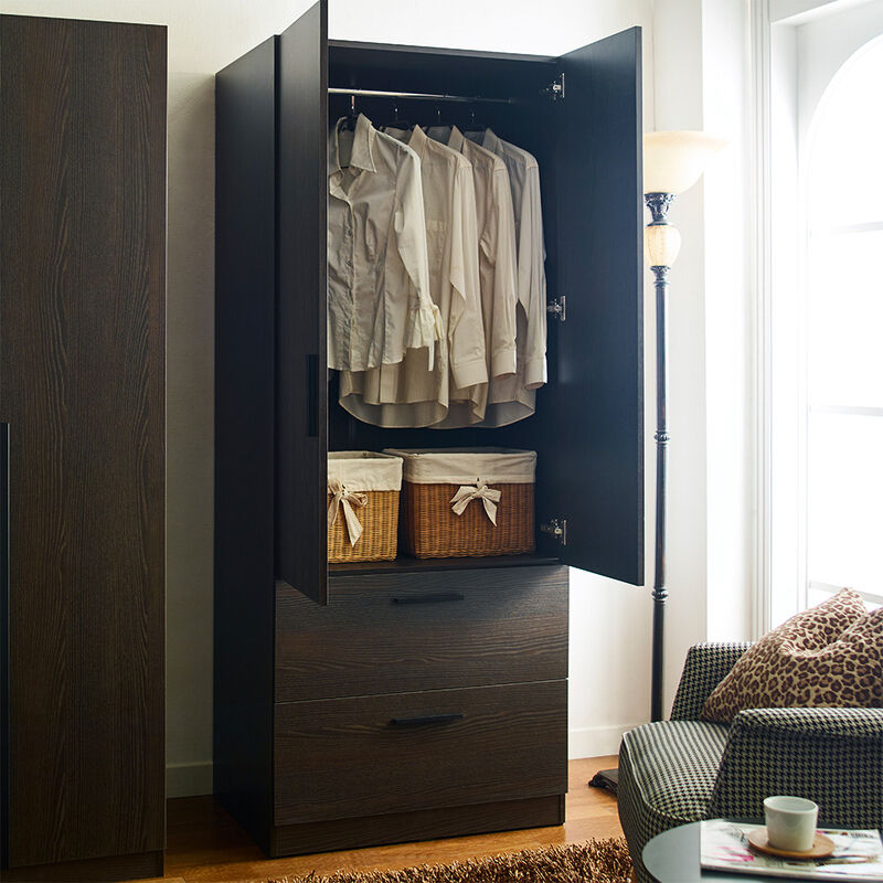 FC Design Klair Living Two-Door Wood Closet with Two Drawers and Hanging Bars in Dark Brown
