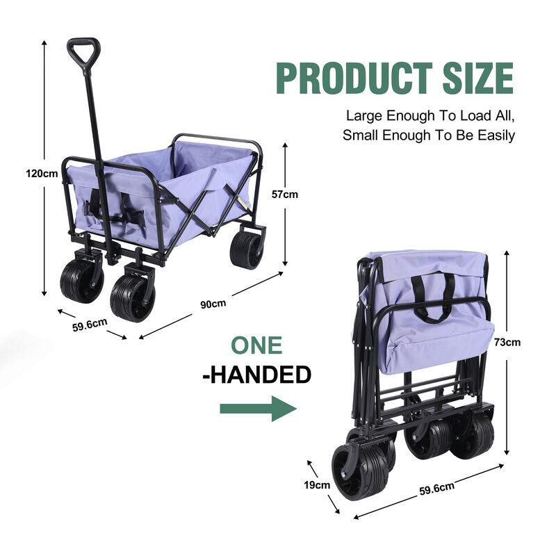 100L Collapsible Folding Beach Wagon Cart with 220Lbs Large Capacity, Wagons Carts Heavy Duty Foldable with Big Wheels for Sand, Garden, Camping-Purple