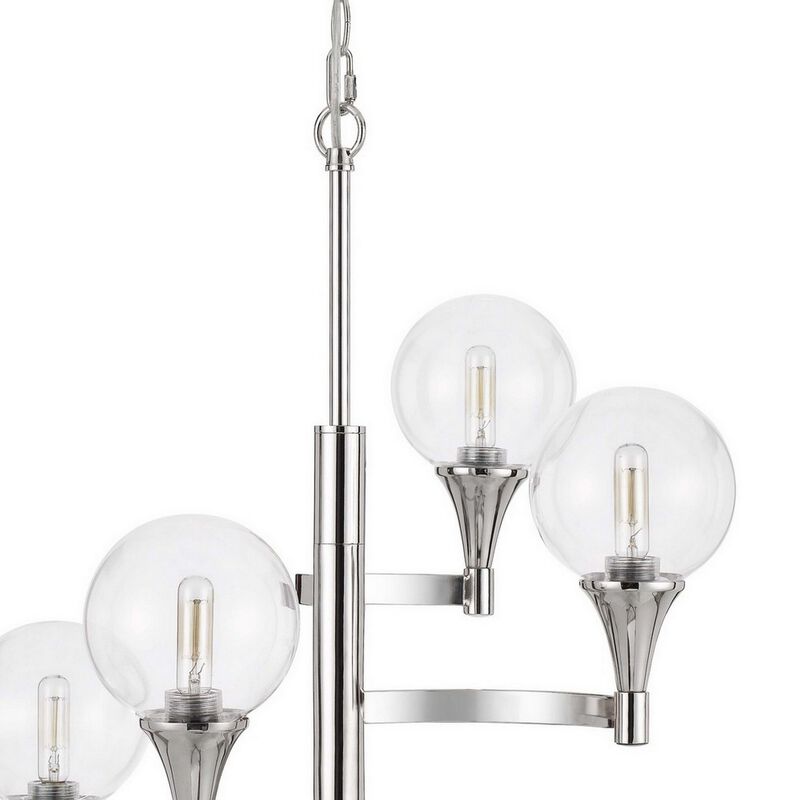 Chandelier with 4 Globe Glass Shades and Cone Design Holders, Chrome-Benzara