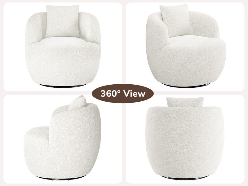 BELLEZE Wide Swivel Barrel Chair, Modern Round Boucle Swivel Armchair Curved Backrest Upholstered 360�Swivel Sofa Accent Chair with Pillow, Comfy Swivel Accent Chair for Living Room -Francisco (White)