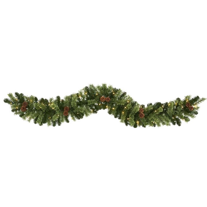 Nearly Natural 6-ft Christmas Artificial Garland with 50 Clear LED Lights and Pine Cones