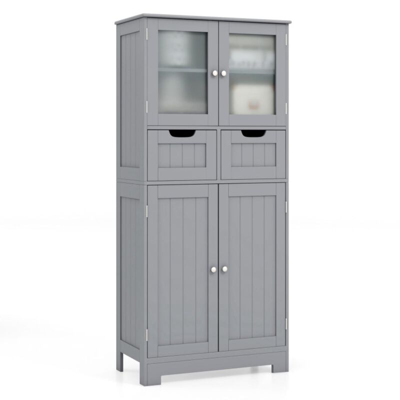 Hivvago 4 Door Freee-Standing Bathroom Cabinet with 2 Drawers and Glass Doors-Gray