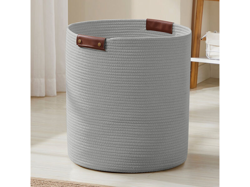 Large Cotton Rope Laundry Hamper Woven Basket with Leather Handles